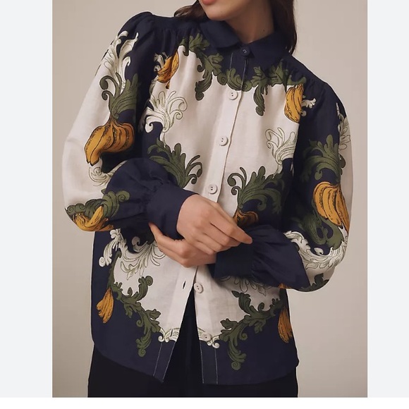 NEW FARM Rio x Anthropologie Puff Sleeve Button Down Blouse Bananas Linen Size L - Picture 2 of 16